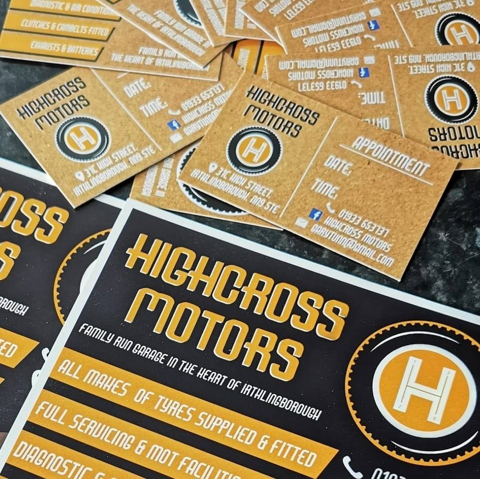 Highcross Motors business cards and flyer, black and amber